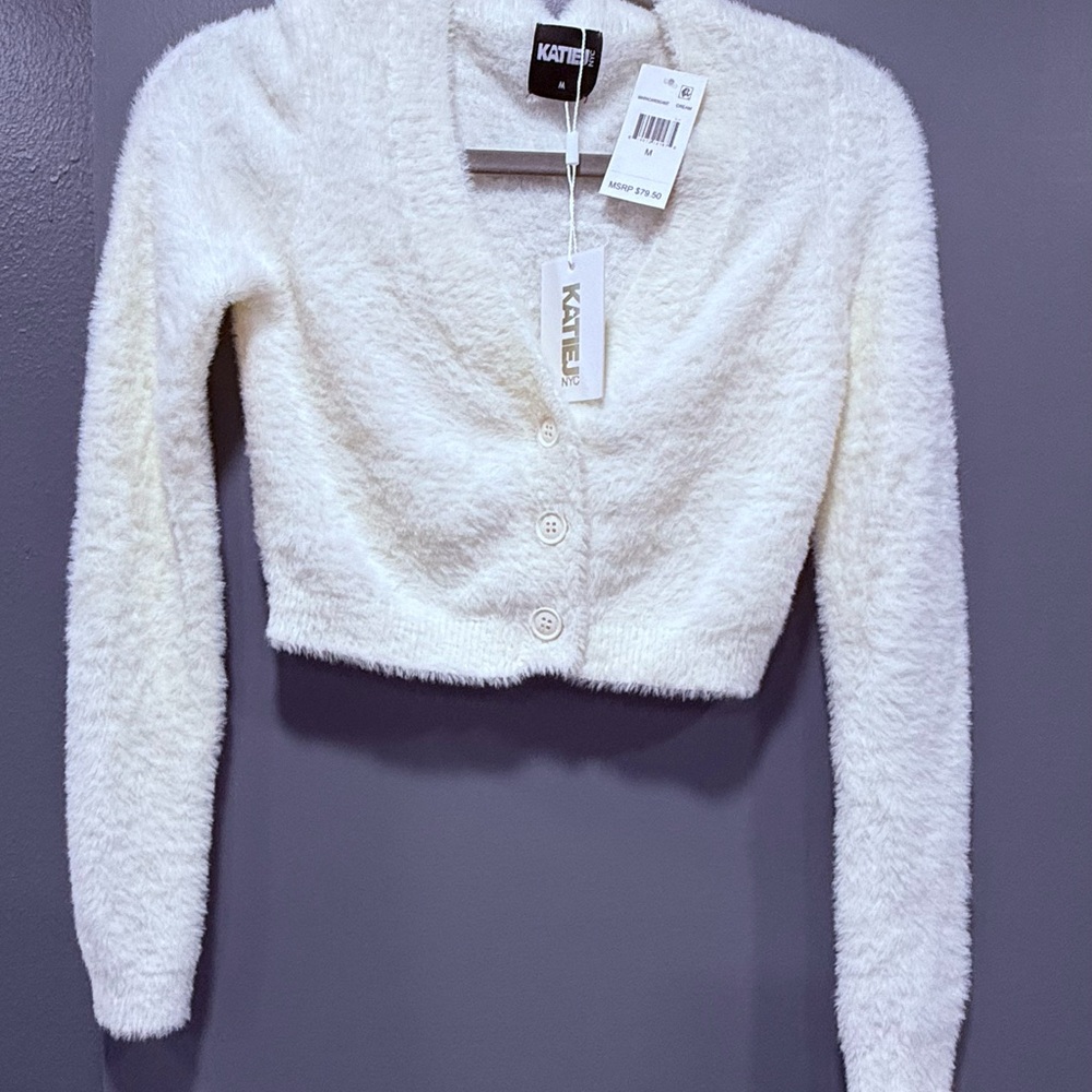 Katie J NYC White Fuzzy Sweater